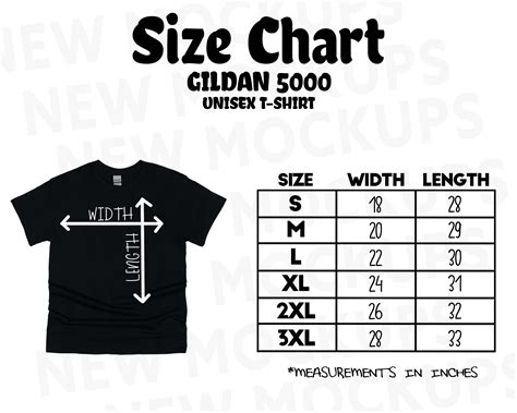 Gildan 5000 Size Chart Unisex T-shirt Size Chart Size Chart | Etsy