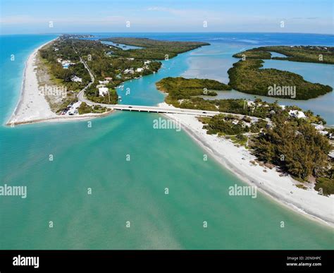 Aerial view of the road bridge between Captiva Island and Sanibel Island in Lee County, Florida ...
