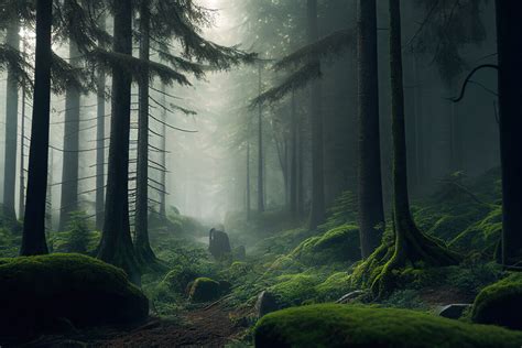 Illustrazione artistiche | Green forest with fog | Europosters