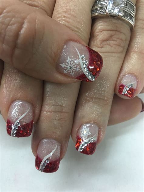 Red Glitter French Bling Rhinestones Snowflake Christmas Gel Nails | Nails design with ...