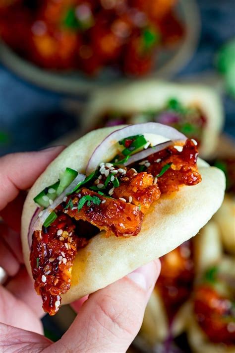 Korean Chicken Bao - foft and fluffy steamed mini bao buns filled with crispy Korean chicken ...