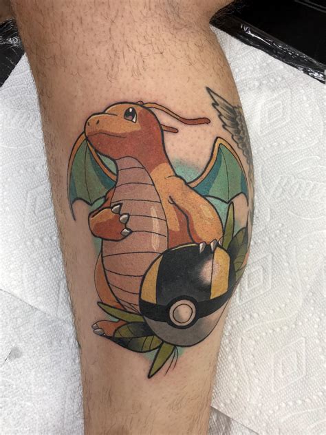 Did this dragonite tattoo yesterday! Wraps a bit around the calf muscle ...