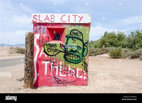 AUGUST 21 2018 - SLAB CITY, CA: Entrance sign to Slab City, a lawless community out in the ...