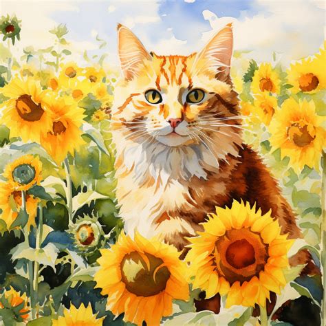 Sunflower Tabby Cat Art Print Free Stock Photo - Public Domain Pictures