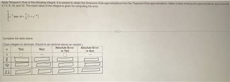 Solved Apply Simpson's Rule to the following integral. It is | Chegg.com