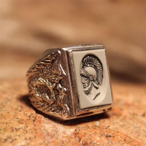 Vintage Mens Sterling Silver Intaglio Ring Roman Soldier & Mermaid Ring Sarah Coventry Size 7.5 ...