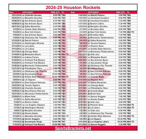 Printable 2024-25 Houston Rockets Schedule; TV Broadcasts and Matchups ...