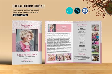 Elegant Floral Funeral Program Template, Canva, Word & Psd T