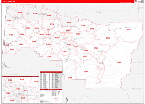 Lane County, OR Zip Code Wall Map Red Line Style by MarketMAPS - MapSales