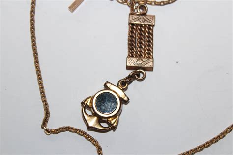 Antique Pocket Watch Chain w/ Compass & Black Stone Fob 14K Gold Plate