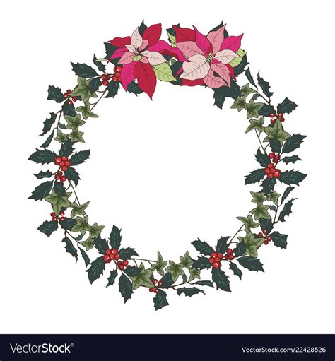 Christmas wreath of Holly, ivy and poinsettia, vector illustration ...