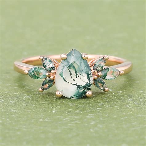 Gardensring Unique Pear Shaped Green Moss Agate Rose Gold Cluster ...