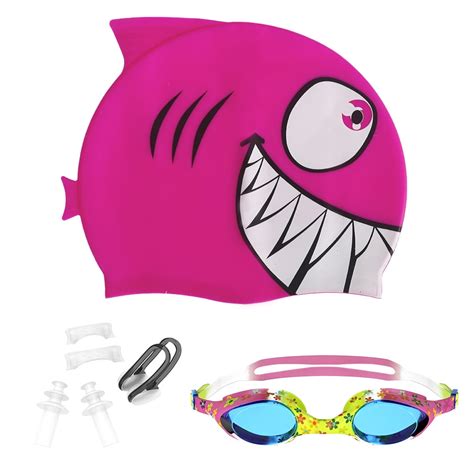 Kid's Swimming Cap Swimming Goggles Combo, Silicone Swim Cap Anti Fog UV Protective Goggles for ...