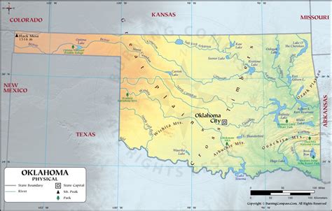 Oklahoma Physical Map showing Geographical / Physical Features with ...