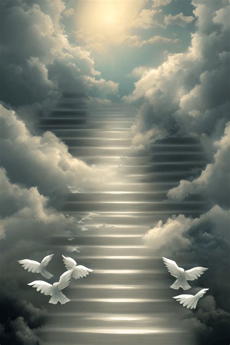 Heavenly Doves and Clouds Stairs Graphic · Creative Fabrica Stairway To Heaven Tattoo, Stairs To ...