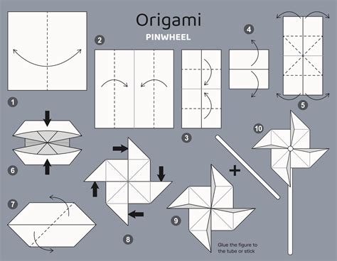 Tutorial origami scheme with pinwheel. isolated origami elements on grey backdrop. Origami for ...