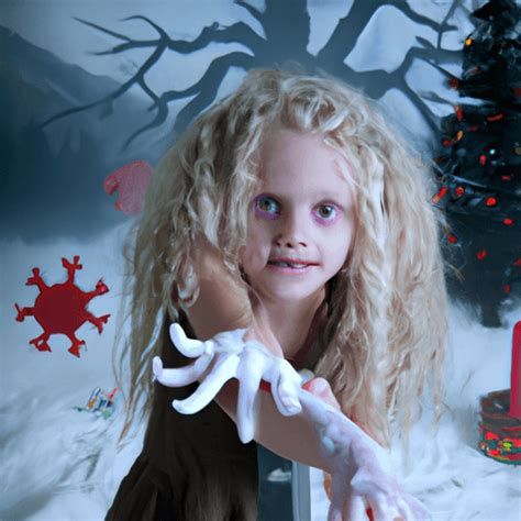Very Cute Little Girl with Long Curly Blond Hair in a Winter Christmas Scene Holding Zombie Hand ...