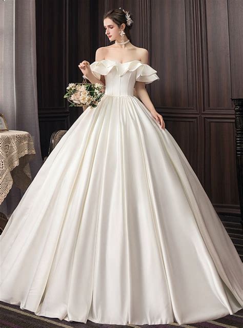 Ivory White Satin Ball Gown Off the Shoulder Wedding Dress | Ball gowns wedding, Wedding dresses ...