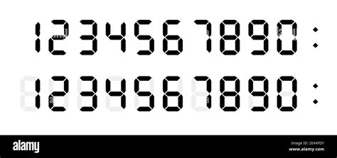 Digital numbers font for electronic clock display, calculator, counter. Black color on white ...