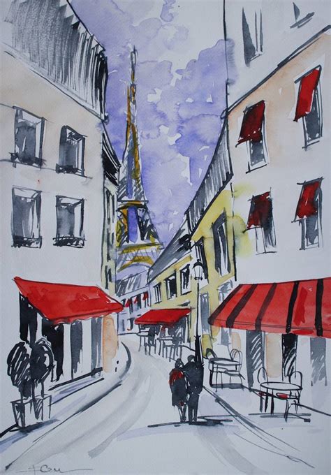 Paris red cafe street sketch watercolor original eiffel tower France house town cityscape ...