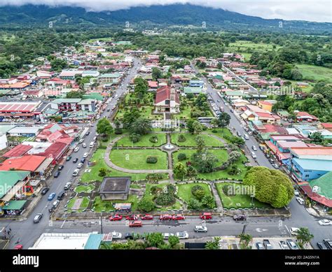 La Fortuna village, Costa Rica 12.11.19 - Aerial view of town and Church on the Parque Central ...