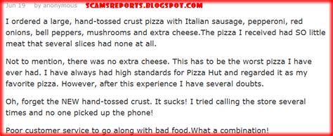 Pizza Hut Reviews and Complaints | Scams Reports