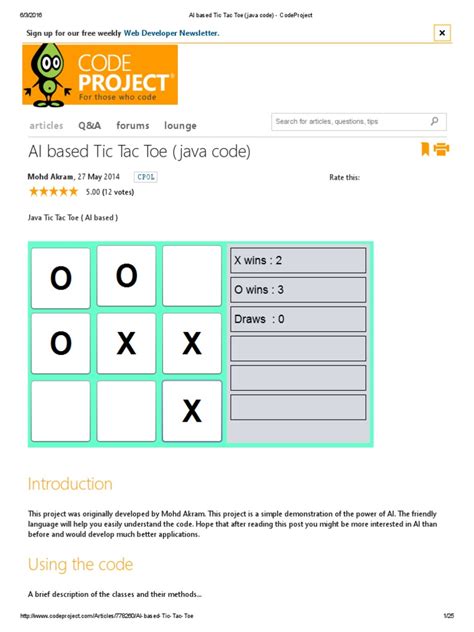 AI Based Tic Tac Toe (Java Code) - CodeProject | Computer File | Java (Programming Language)