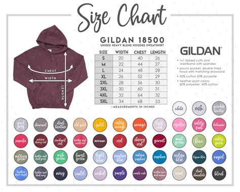 Gildan 18500 Size Chart Color Chart ALL 47 COLORS Gildan | Etsy