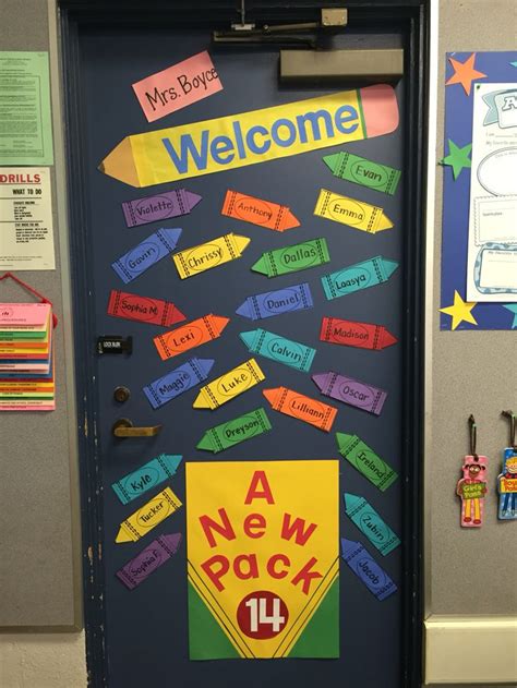 a door decorated with colorful papers and magnets that read, welcome a ...