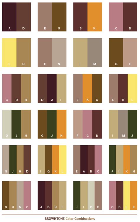 Brown tone color schemes, color combinations, color palettes for print (CMYK) and Web (RGB + HTML)