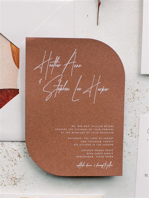 Modern Die Cut Shape Wedding Invitation with White Ink, Abstract Design in Sepia, Terra-Cotta ...