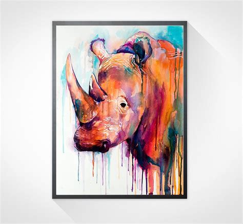 Colorful Rhino watercolor painting print animal by SlaviART