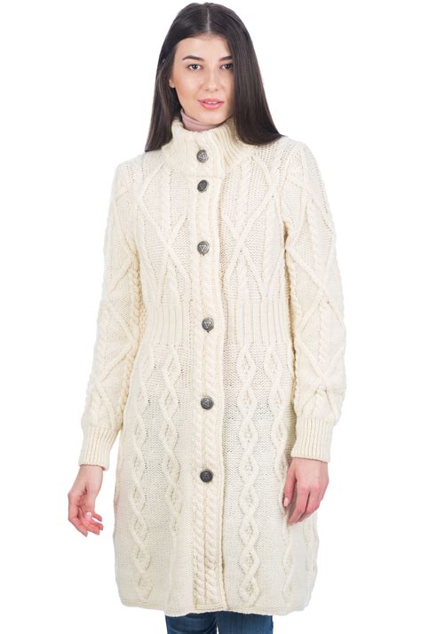 SAOL 100% Merino Wool Irish Cardigan Women's Aran Long Outdoor Cable Knit Coatigan Jacket with ...