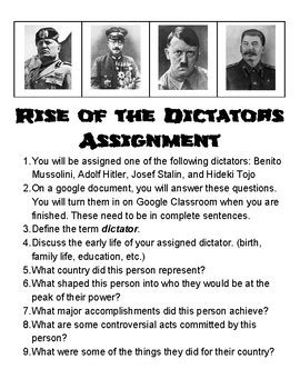 Rise of the Dictators Assignment (World War II) by Lessons From Miss D