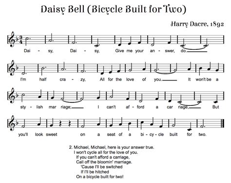 Daisy Bell (Bicycle Built for Two) - Beth's Notes | Songs, Elementary ...