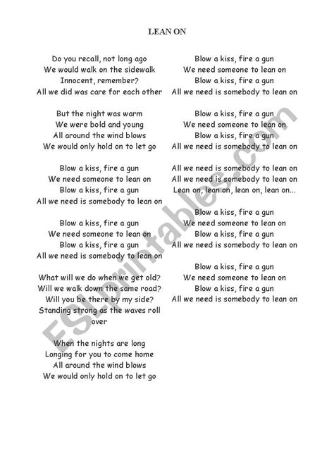 Lean On song lyrics and activities - ESL worksheet by valeriemariteau