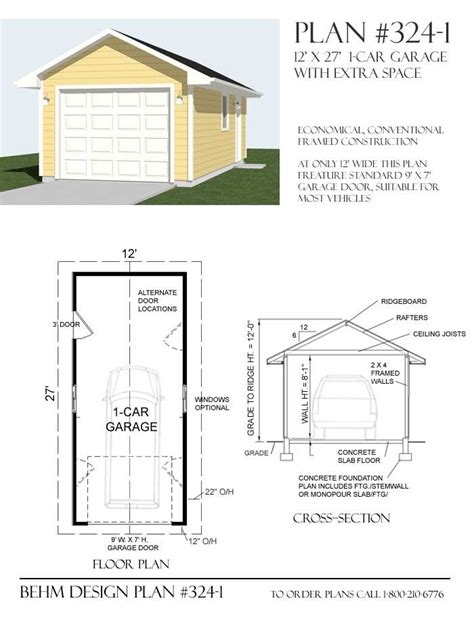 1 Car 12' Wide Extra Deep Garage Plans 360-1 12' x 30' | Garage design, Garage plans, Garage ...