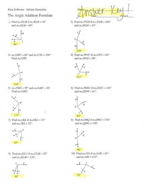 Angle Addition Postulate Worksheet Answer Key