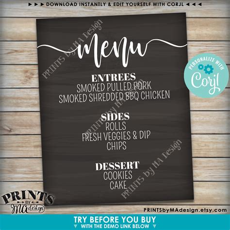 Custom Menu Sign, PRINTABLE 8x10/16x20” Chalkboard Style Menu (Wedding ...