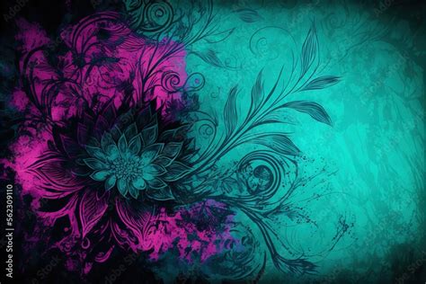 a blue and pink flower with swirls on a green background with a black ...