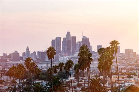 Los Angeles Skyline at Sunset Stock Photo - Image of panotrama, america ...