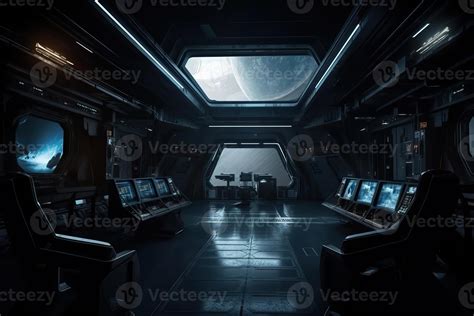 Dark spaceship interior with a view of the control panels, . 23142364 ...