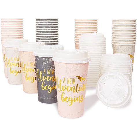 48-Pack Insulated Coffee Cups with Lids Disposable, Gold Foil Print, New Adventure Themed (16 oz ...