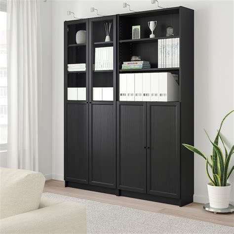 BILLY / OXBERG Bookcase with panel/glass doors, black-brown, 160x30x202 cm (63x113/4x791/2 ...