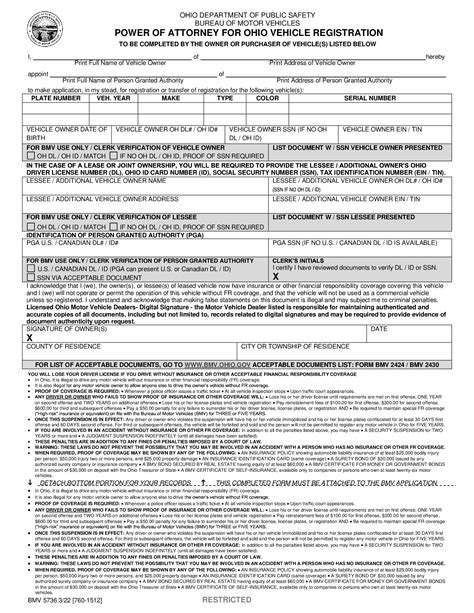 Form BMV 5736. Power of Attorney for Ohio Vehicle Registration | Forms ...