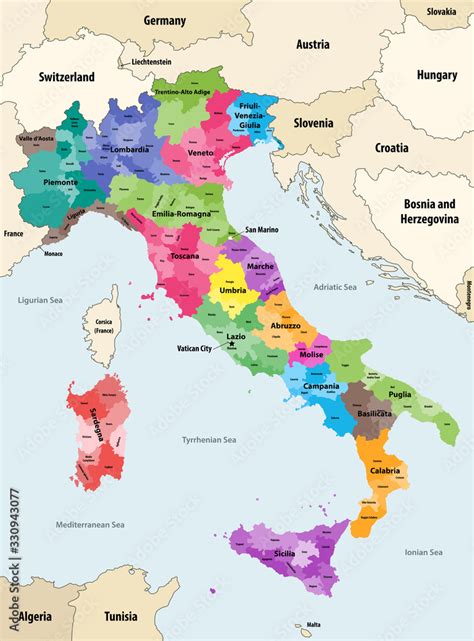 Italy provinces colored by regions vector map with neighbouring countries and territories Stock ...