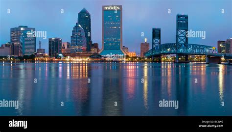 Jacksonville Florida downtown skyline reflects in St Johns River Stock ...