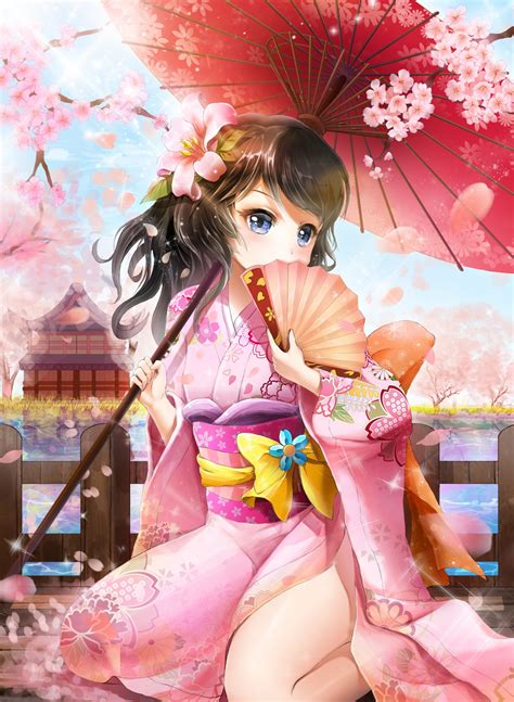 Wallpaper : illustration, anime girls, umbrella, original characters, Japanese clothes, pink ...