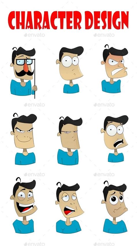 Set of fun cartoon boy with different emotions on his face. Vector ...