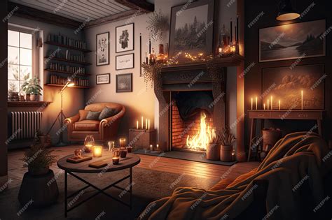 Premium AI Image | A cozy living room with a fireplace and warm ...